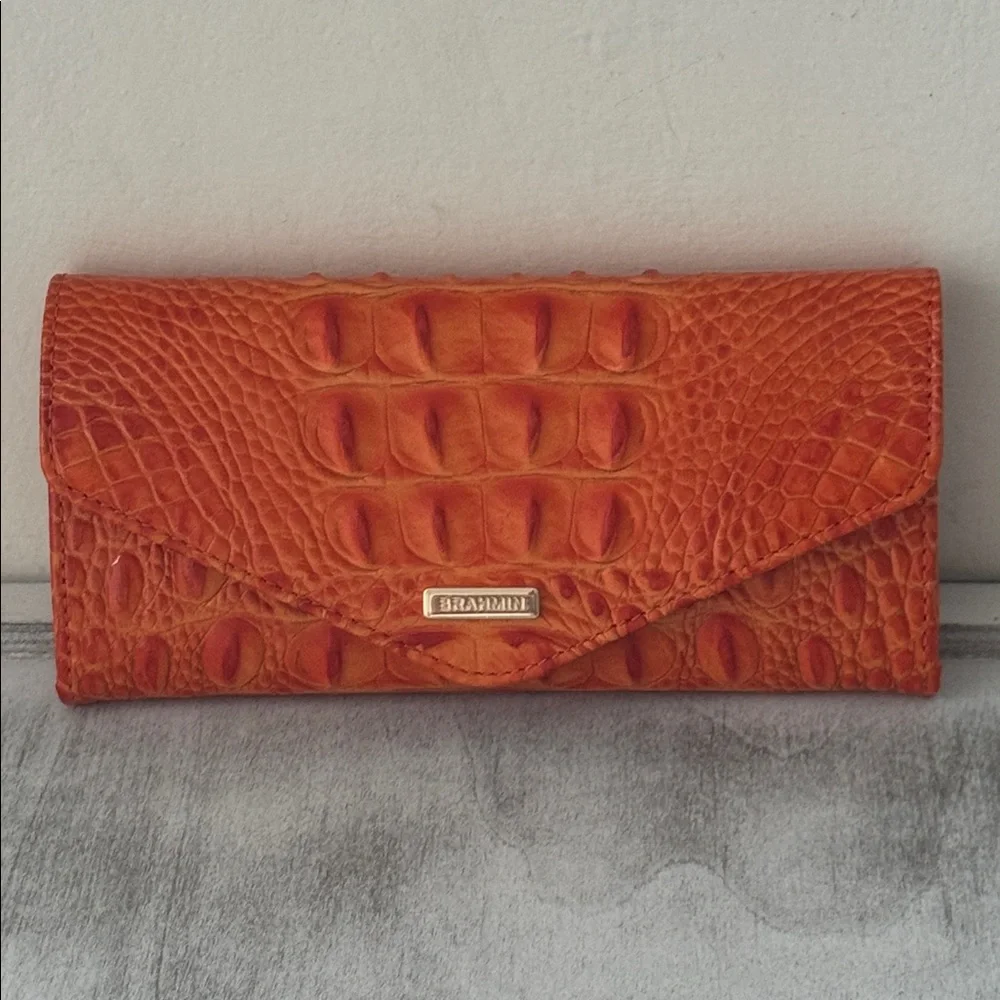 Brahmin Veronica Mandarin Orange Melbourne Gen Lth Envelope Wallet Croc Embosse